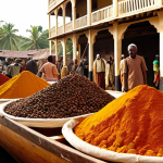 **

"A bustling Comorian spice market in the 18th century. Depict a vibrant scene with Arab dhows unloading cargo alongside traditional Comorian buildings. Focus on the rich colors of the spices – cloves, cinnamon, ylang-ylang – piled high, and the diverse faces of traders from Africa, the Middle East, and Asia haggling over prices. Include details of Swahili clothing and Islamic architecture. Golden hour lighting to enhance the warmth and exotic atmosphere."

**