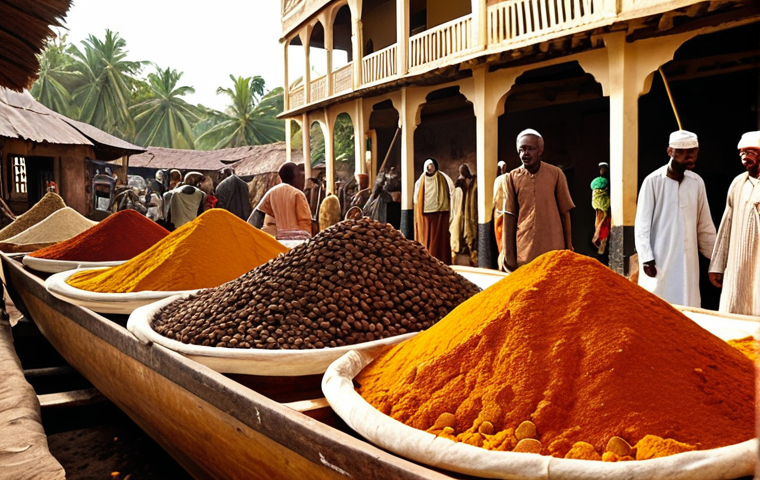 **

"A bustling Comorian spice market in the 18th century. Depict a vibrant scene with Arab dhows unloading cargo alongside traditional Comorian buildings. Focus on the rich colors of the spices – cloves, cinnamon, ylang-ylang – piled high, and the diverse faces of traders from Africa, the Middle East, and Asia haggling over prices. Include details of Swahili clothing and Islamic architecture. Golden hour lighting to enhance the warmth and exotic atmosphere."

**