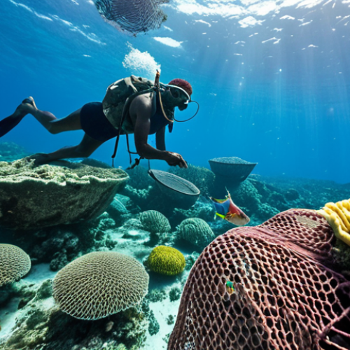 Home 14 ** A vibrant underwater scene in the Comoros. Focus on a healthy coral reef teeming with colorful fish. A local fisherman is visible in the background, sustainably fishing with a traditional net, showcasing the balance between conservation and community livelihoods. Emphasize the clarity of the water and the biodiversity of the marine ecosystem.
**