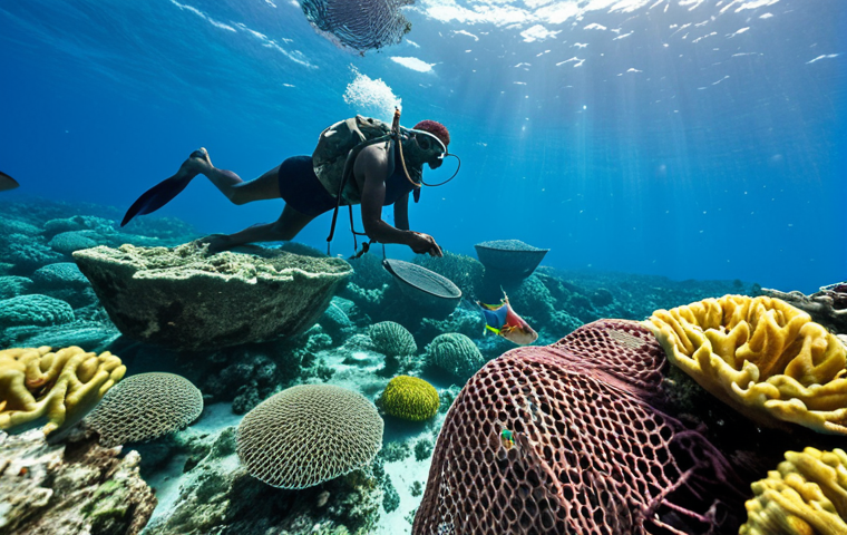 ** A vibrant underwater scene in the Comoros. Focus on a healthy coral reef teeming with colorful fish. A local fisherman is visible in the background, sustainably fishing with a traditional net, showcasing the balance between conservation and community livelihoods. Emphasize the clarity of the water and the biodiversity of the marine ecosystem.
**