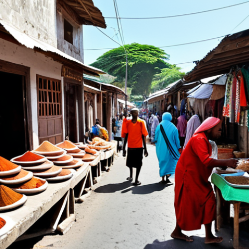 Home 7 **Prompt:** A bustling street scene in Moroni, Comoros. In the foreground, Arab and Shirazi merchants are trading spices and textiles in a vibrant marketplace. The architecture blends Persian stucco work and local coral stone construction. People wearing traditional Comorian dress mingle with others in Swahili-influenced clothing. Focus on capturing the diverse cultural influences and the dynamic atmosphere of the market.