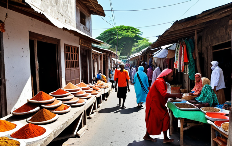 **Prompt:** A bustling street scene in Moroni, Comoros. In the foreground, Arab and Shirazi merchants are trading spices and textiles in a vibrant marketplace. The architecture blends Persian stucco work and local coral stone construction. People wearing traditional Comorian dress mingle with others in Swahili-influenced clothing. Focus on capturing the diverse cultural influences and the dynamic atmosphere of the market.
