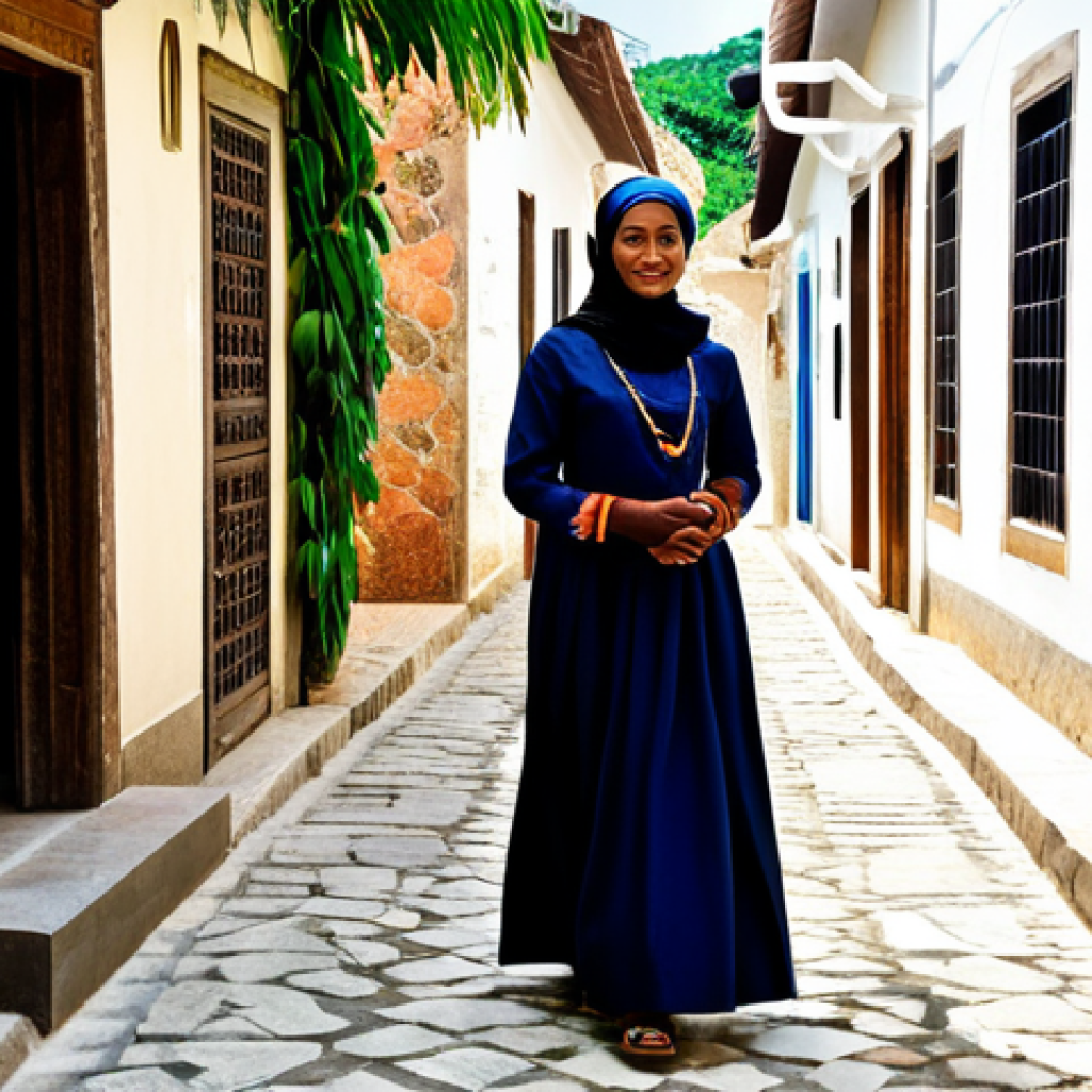 A Comorian woman, elegantly dressed in a vibrant chiromani wrap and modest traditional attire, walking through the narrow, ancient coral-stone alleys of Moroni. Intricately carved wooden doors adorn the houses in the background, hinting at deep historical ties and craftsmanship. The atmosphere is calm and respectful, reflecting the profound Islamic identity and strong community bonds. Full body shot, perfect anatomy, correct proportions, natural pose, well-formed hands, proper finger count, natural body proportions. Professional photography, high quality, realistic, detailed. Safe for work, appropriate content, fully clothed, modest, appropriate attire, professional dress, family-friendly.
