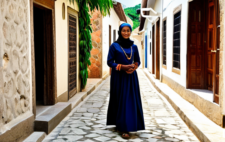 A Comorian woman, elegantly dressed in a vibrant chiromani wrap and modest traditional attire, walking through the narrow, ancient coral-stone alleys of Moroni. Intricately carved wooden doors adorn the houses in the background, hinting at deep historical ties and craftsmanship. The atmosphere is calm and respectful, reflecting the profound Islamic identity and strong community bonds. Full body shot, perfect anatomy, correct proportions, natural pose, well-formed hands, proper finger count, natural body proportions. Professional photography, high quality, realistic, detailed. Safe for work, appropriate content, fully clothed, modest, appropriate attire, professional dress, family-friendly.