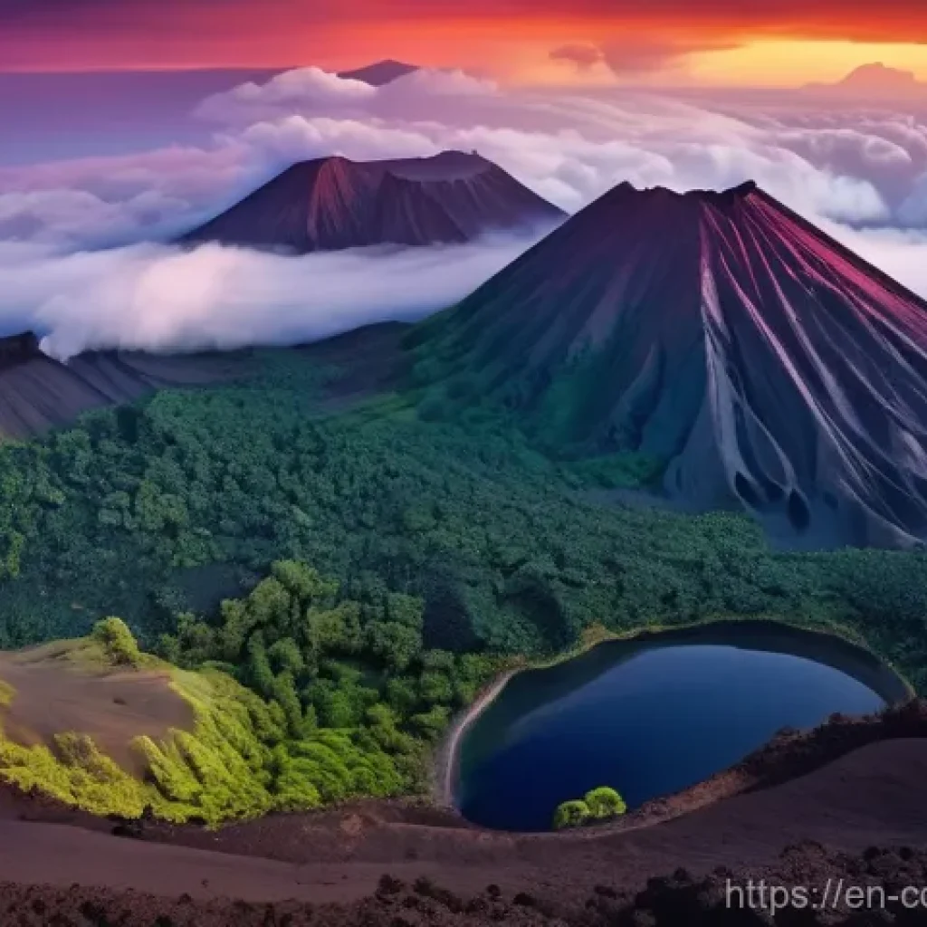 코모로 여행 사진 촬영 명소 - **Prompt:** A majestic, panoramic wide-angle shot of Mount Karthala's caldera on Grand Comore at sun...