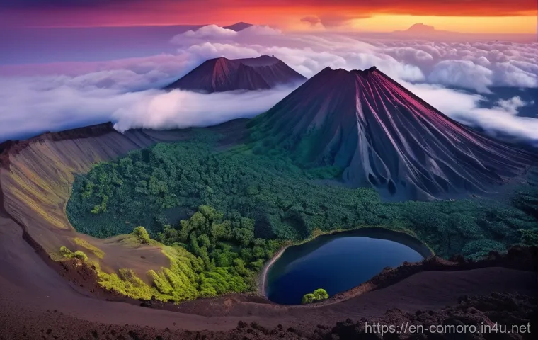 코모로 여행 사진 촬영 명소 - **Prompt:** A majestic, panoramic wide-angle shot of Mount Karthala's caldera on Grand Comore at sun...