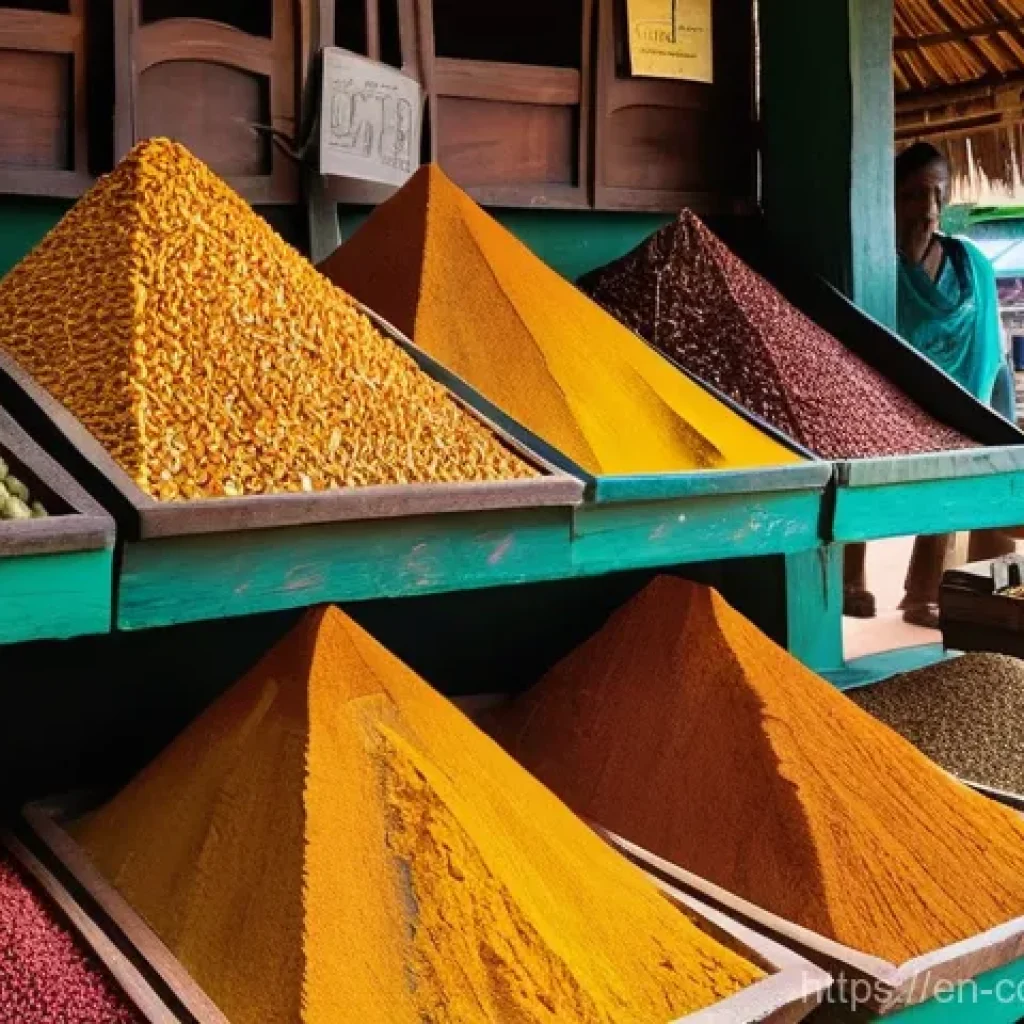 코모로 향신료 시장 방문 - **A Vibrant Comorian Spice Market Stall.** Focus on a richly detailed display of various spices. Pil...
