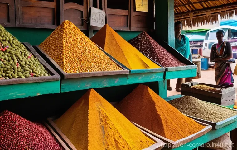 코모로 향신료 시장 방문 - **A Vibrant Comorian Spice Market Stall.** Focus on a richly detailed display of various spices. Pil...