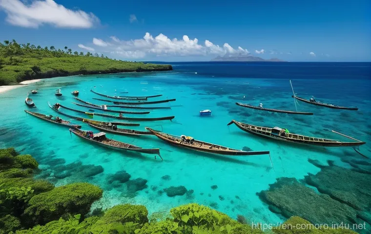 코모로 관광업과 현지 주민 소득 - **Prompt 1: "A vibrant scene depicting the 'blue economy' in the Comoros. In the foreground, local C...