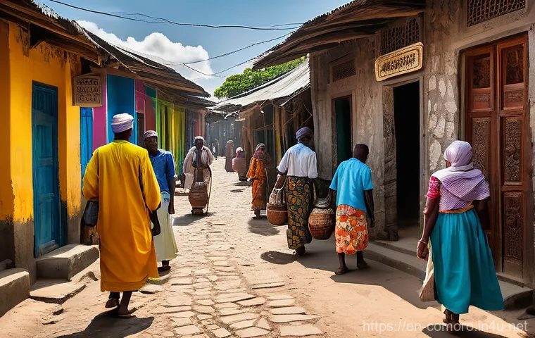 코모로 관광업과 현지 주민 소득 - **Prompt 1: "A vibrant scene depicting the 'blue economy' in the Comoros. In the foreground, local C...