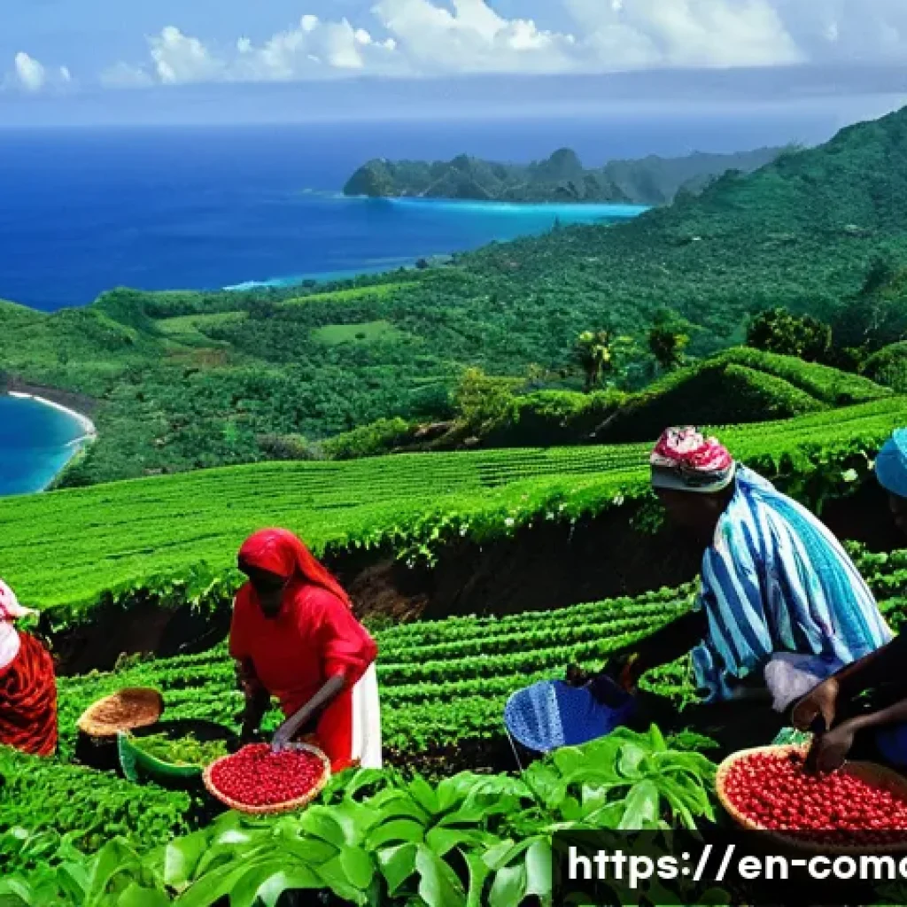 코모로 커피와 카카오 산업 - **Comorian Coffee Harvest on Volcanic Slopes**: A vibrant, cinematic wide shot of Comorian farmers h...