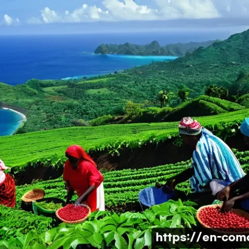 코모로 커피와 카카오 산업 - **Comorian Coffee Harvest on Volcanic Slopes**: A vibrant, cinematic wide shot of Comorian farmers h...