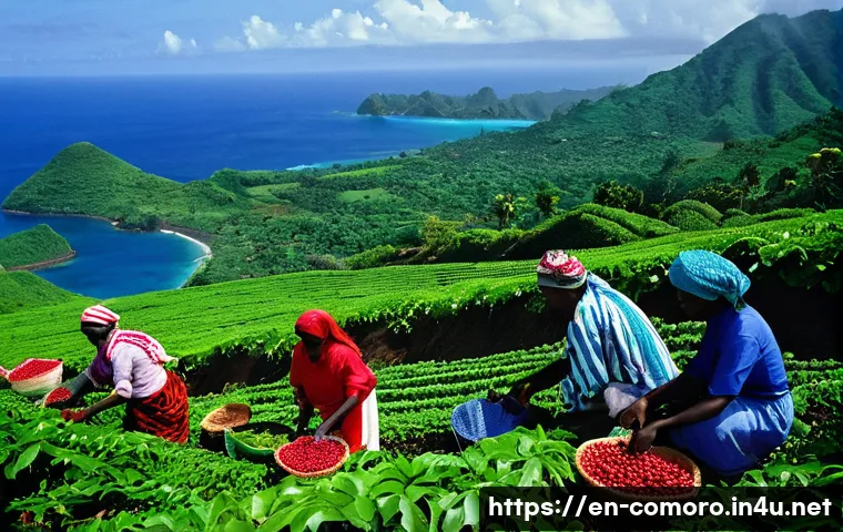 코모로 커피와 카카오 산업 - **Comorian Coffee Harvest on Volcanic Slopes**: A vibrant, cinematic wide shot of Comorian farmers h...