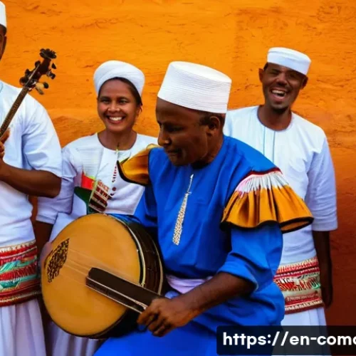 코모로 문화 교류 행사 - **The Rhythmic Heartbeat of Comoros:**
    "A vibrant scene capturing the essence of Comorian music ...