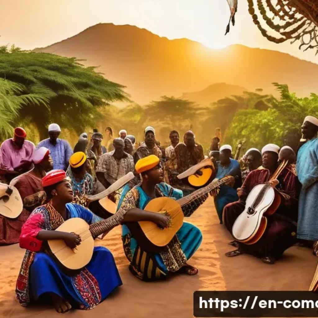 코모로 전통 음악과 춤 - A vibrant scene of a traditional Comorian village celebration at sunset, featuring a skilled musicia...