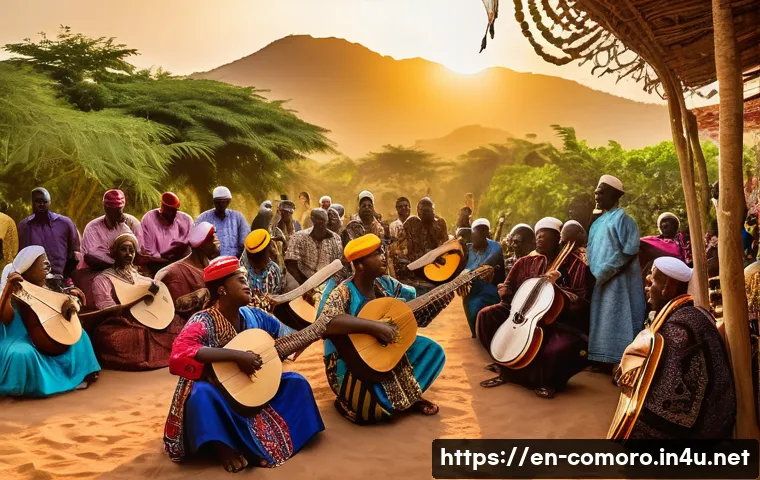 코모로 전통 음악과 춤 - A vibrant scene of a traditional Comorian village celebration at sunset, featuring a skilled musicia...