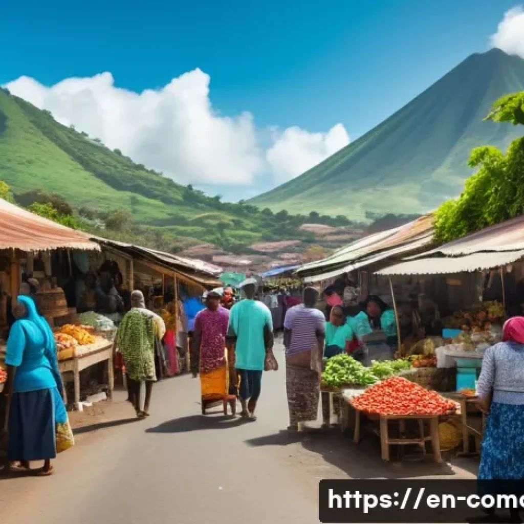 코모로와 몰디브 비교 - A vibrant street scene in Comoros at midday, showcasing a lively market filled with locals speaking ...