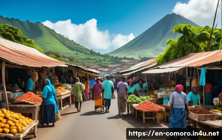 코모로와 몰디브 비교 - A vibrant street scene in Comoros at midday, showcasing a lively market filled with locals speaking ...