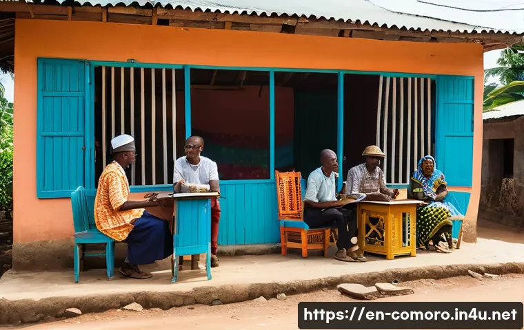 코모로 주요 언론 매체 - A vibrant community radio station set in a small Comorian village, featuring a modest broadcasting r...