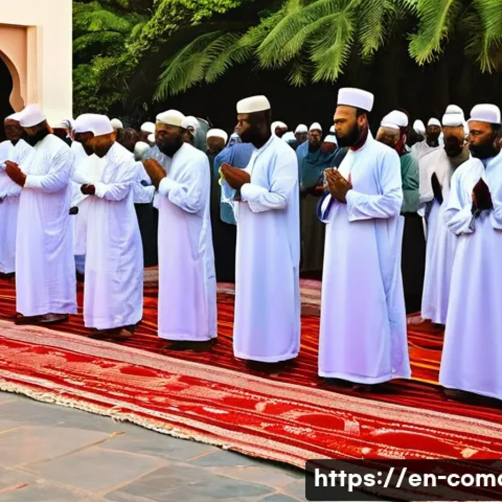 코모로 무슬림 문화와 예절 - A vibrant communal prayer scene in Comoros during early morning, showing diverse men and women dress...