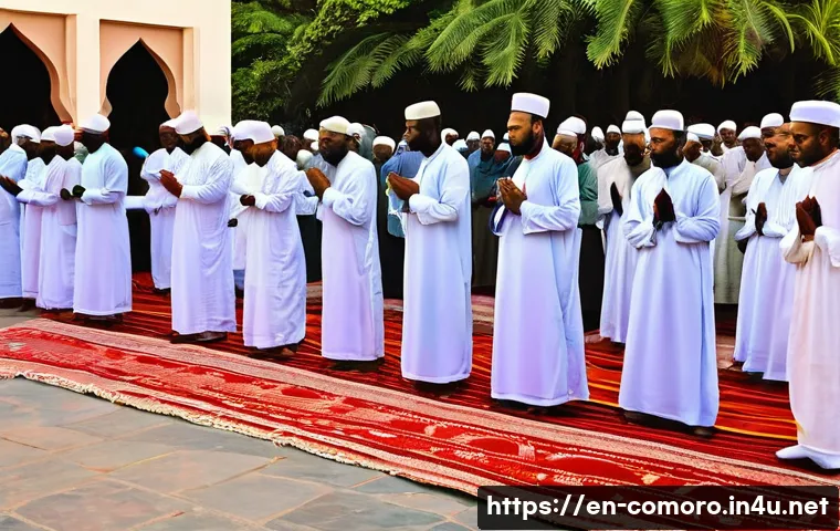 코모로 무슬림 문화와 예절 - A vibrant communal prayer scene in Comoros during early morning, showing diverse men and women dress...