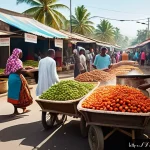 Home 21 코모로 배낭여행 꿀팁 - A vibrant street scene in Moroni, Comoros, showing a bustling local market with colorful stalls sell...