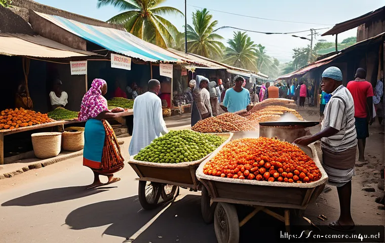 코모로 배낭여행 꿀팁 - A vibrant street scene in Moroni, Comoros, showing a bustling local market with colorful stalls sell...