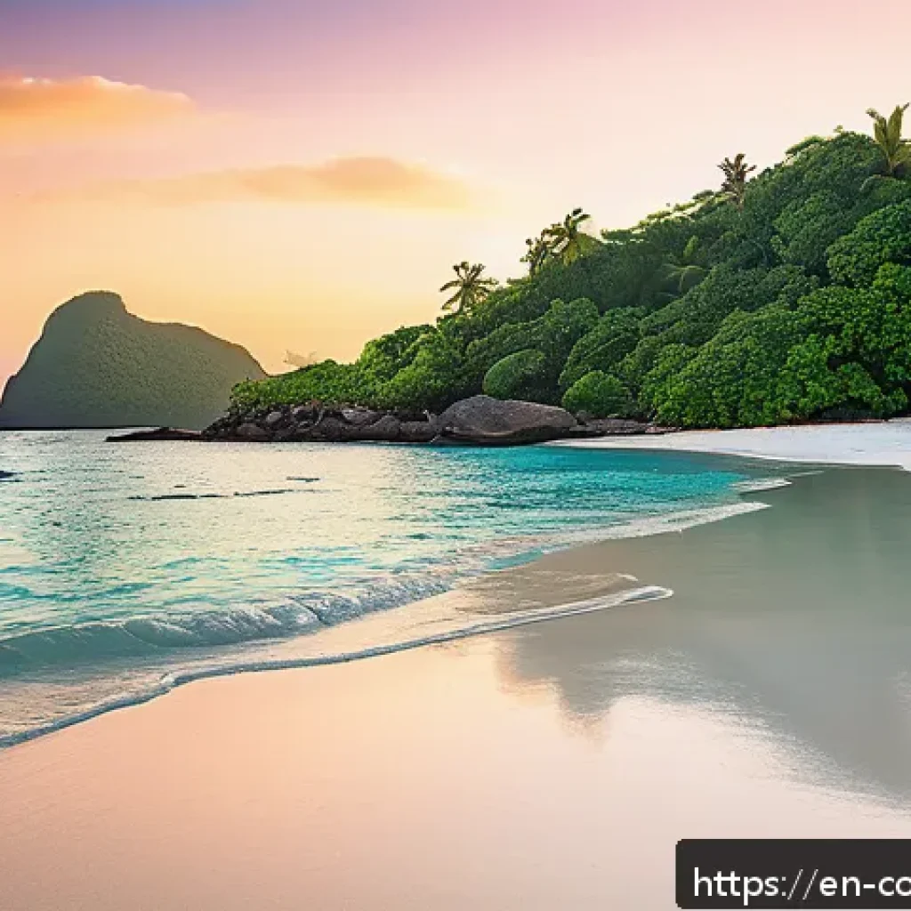 코모로 모헬리 섬 관광지 - A serene, untouched tropical beach on Moheli Island at sunrise, featuring pristine white sand and cr...