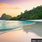 Home 20 코모로 모헬리 섬 관광지 - A serene, untouched tropical beach on Moheli Island at sunrise, featuring pristine white sand and cr...