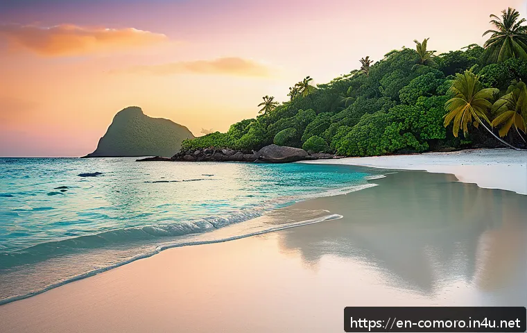 코모로 모헬리 섬 관광지 - A serene, untouched tropical beach on Moheli Island at sunrise, featuring pristine white sand and cr...