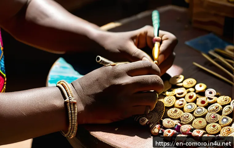 코모로 기념품 쇼핑 가이드 - A close-up shot of a skilled artisan’s hands crafting traditional Comorian jewelry in a sunlit works...