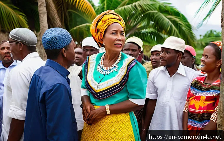 코모로 여성 지위와 권리 - A vibrant scene of a confident Comorian woman politician standing at a community meeting in Moroni, ...