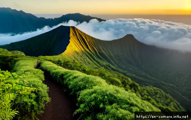 Home 17 코모로 그랑드 코모르 섬 인기 명소 - Photorealistic sunrise view of Mount Karthala on Grande Comore, dramatic volcanic crater rim rising ...