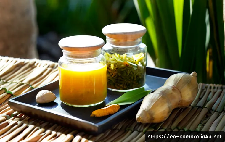 코모로 전통 약초와 사용법 - Photorealistic still life of traditional Comorian herbal remedies on a woven palm mat: fresh lemongr...