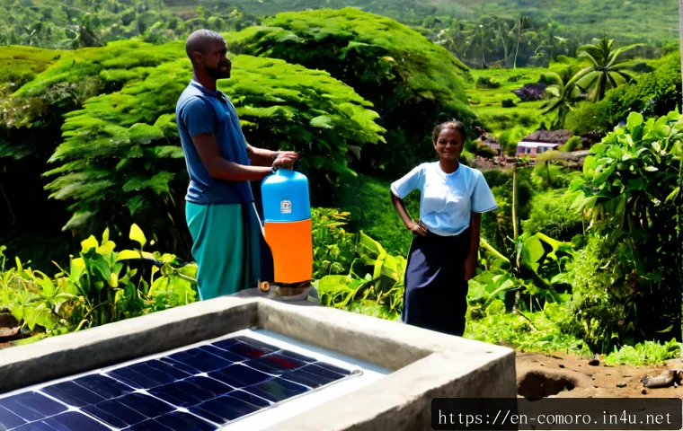 코모로 국제 원조 사례 - Photorealistic international aid project in a rural Comoros village, local health worker and interna...